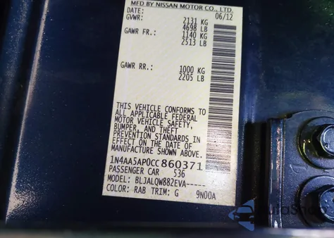 2012 Nissan Maxima 3.5 S z USA, uszkodzony, nr VIN 1N4AA5AP0CC860371